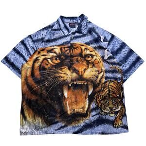 Vintage ZEN Shirt Mens XL Tiger All Over Print Mesh Short Sleeve 90s